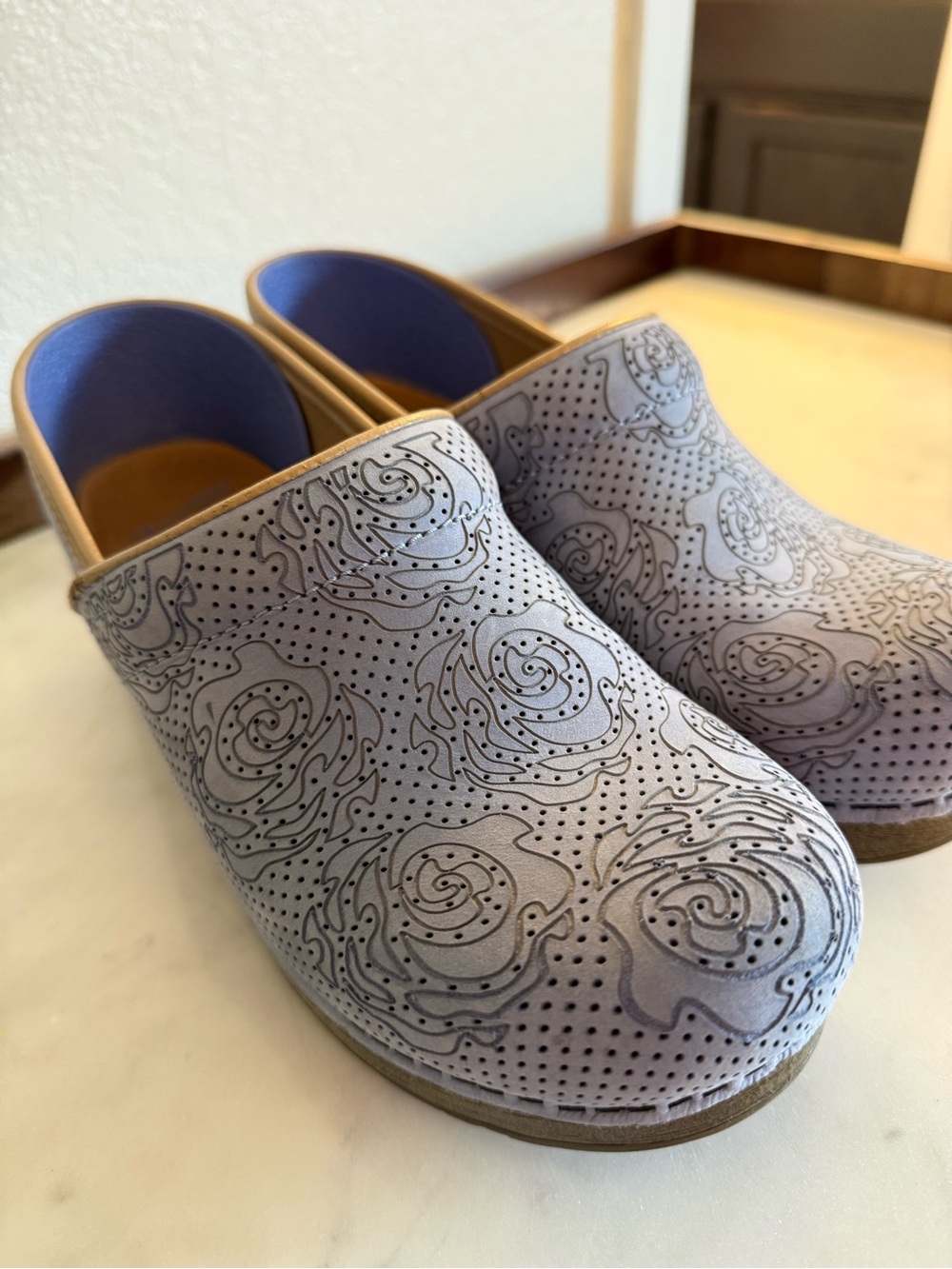 Dansko Light Blue Perforated Floral Clog with Tan Trim - Picture 3 of 7